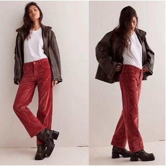 We the Free People NWT Corduroy Risk Taker High Rise Straight Red Sz 27 Western - Picture 1 of 16